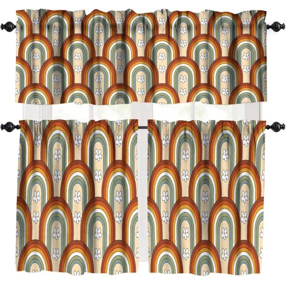 Rainbow Flowers Valance Curtain 70S Retro Abstract Hippie Rod Pocket Valance Window Treatments Short Curtains for Kitchen Farmhouse Living Room Bathroom Bedroom Decor 54x18 Inch + 27x36 Inch X 2