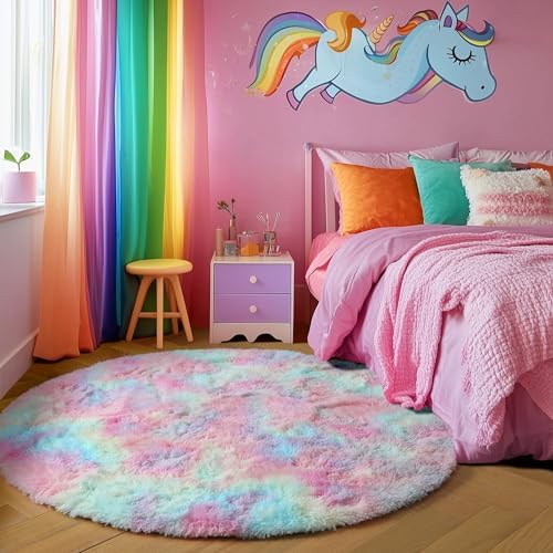 Girl Rugs Rainbow Fluffy Round Rug 6Ft Kids Rugs for Girls Bedroom, Unicorn Room ...