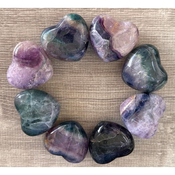 Rainbow Fluorite Gemstone Hearts, Polished Rainbow Fluorite Puffy Hearts, Rainbow Fluorite Palm Stone, Rainbow Fluorite Heart (5 Hearts)
