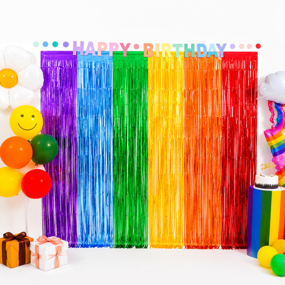 2Pack Rainbow Foil Fringe Curtains, 3.3 x 6.6 Ft Metallic Tinsel Streamers, Party Backdrop for Pride, Birthday, Graduation & Photo Booth Decor