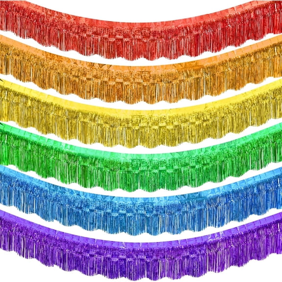 Rainbow Foil Fringe Tinsel Garland, Streamers Banner, 6 Pack | 60Ft Tinsel Streamers, Shiny Rainbow Tinsel Fringe Banners for Birthday, Pride Month, Parade Floats, Wedding Decor