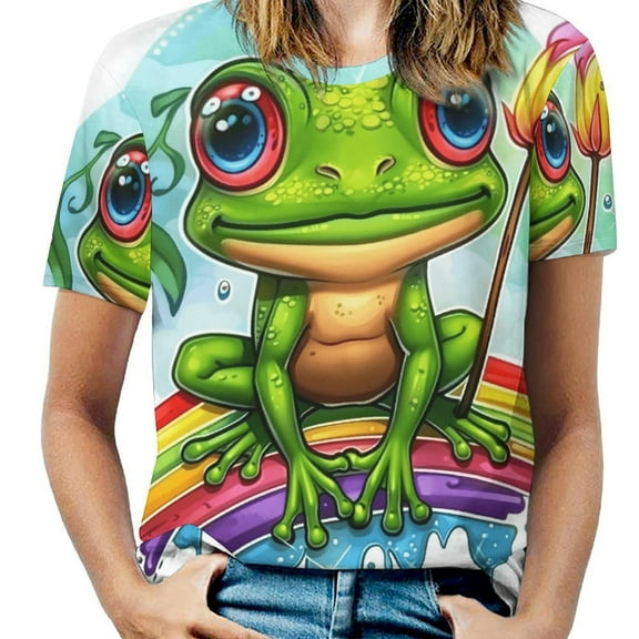Rainbow Frog Flower Torch Womens Tops Women's Fashion Casual Short Sleeve Flower Print Round Neck Pullover Top Blouse