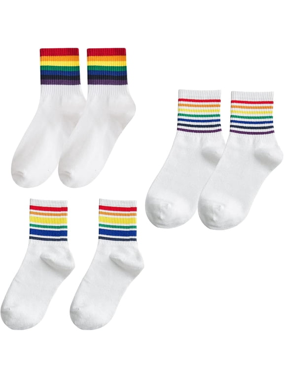 Rainbow Fun Crew Socks - 3 Pairs Cotton LGBT Pride Athletic Socks with Colorful Stripes Comfortable Breathable Pride Accessories for Men Women Adults Everyday Wear and Gifts