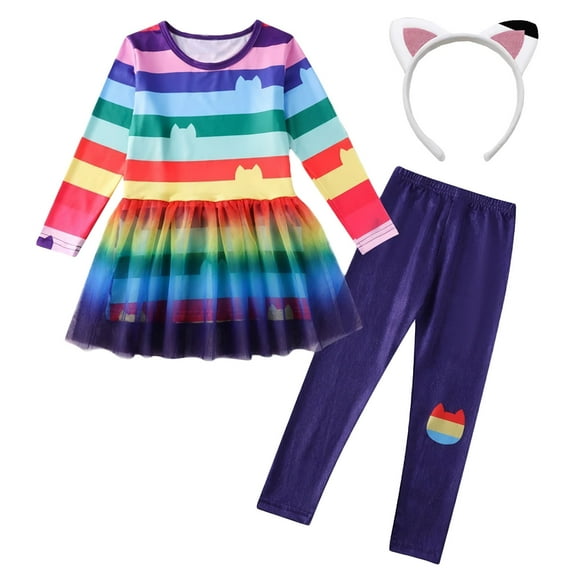 Rainbow Gabby Dress for Girls, Cat Birthday Tutu Dress Pant Outfit