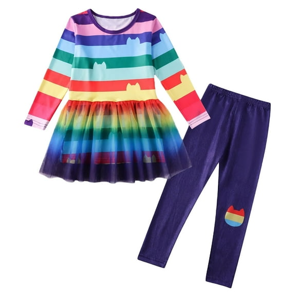 Rainbow Gabby Dress for Girls, Cat Birthday Tutu Dress Pant Outfit