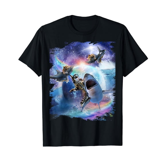 Rainbow Galaxy Cat Riding Shark in Space T-Shirt