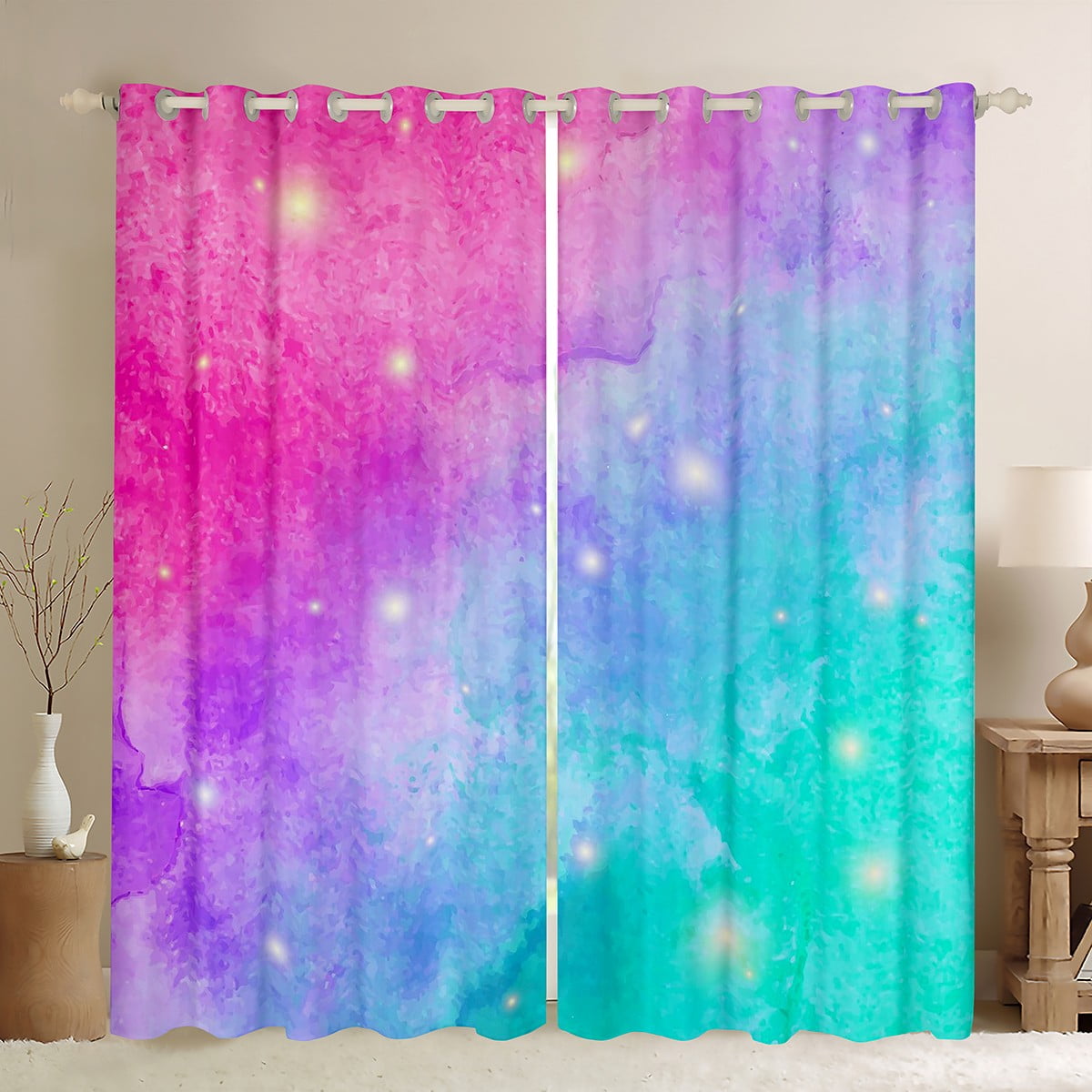 Rainbow Galaxy Curtains Pink Purple Blue Teal Blackout Curtains