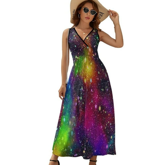 Rainbow Galaxy Dress Summer Street Style Bohemia Long Dresses Female Sleeveless Printed Maxi Dress