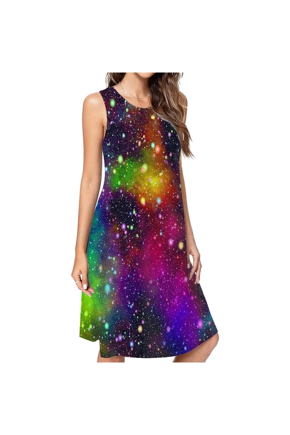 Rainbow Galaxy Spring Summer Dresses For Women Fashion Dress Casual Sleeveless Loose Sundress With Pockets