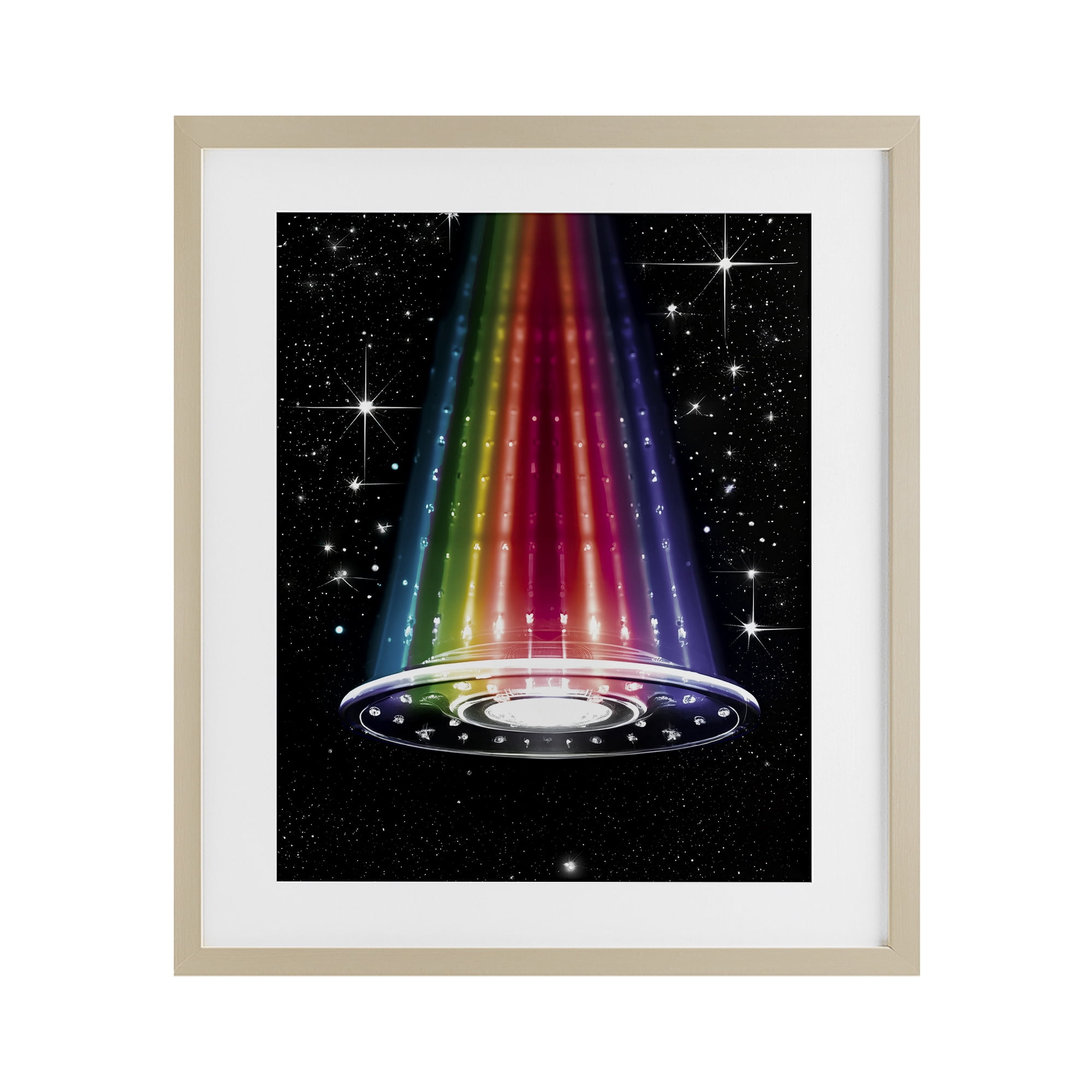 Rainbow Galaxy UFO Birch Framed Print Under Glass, design by Sasha