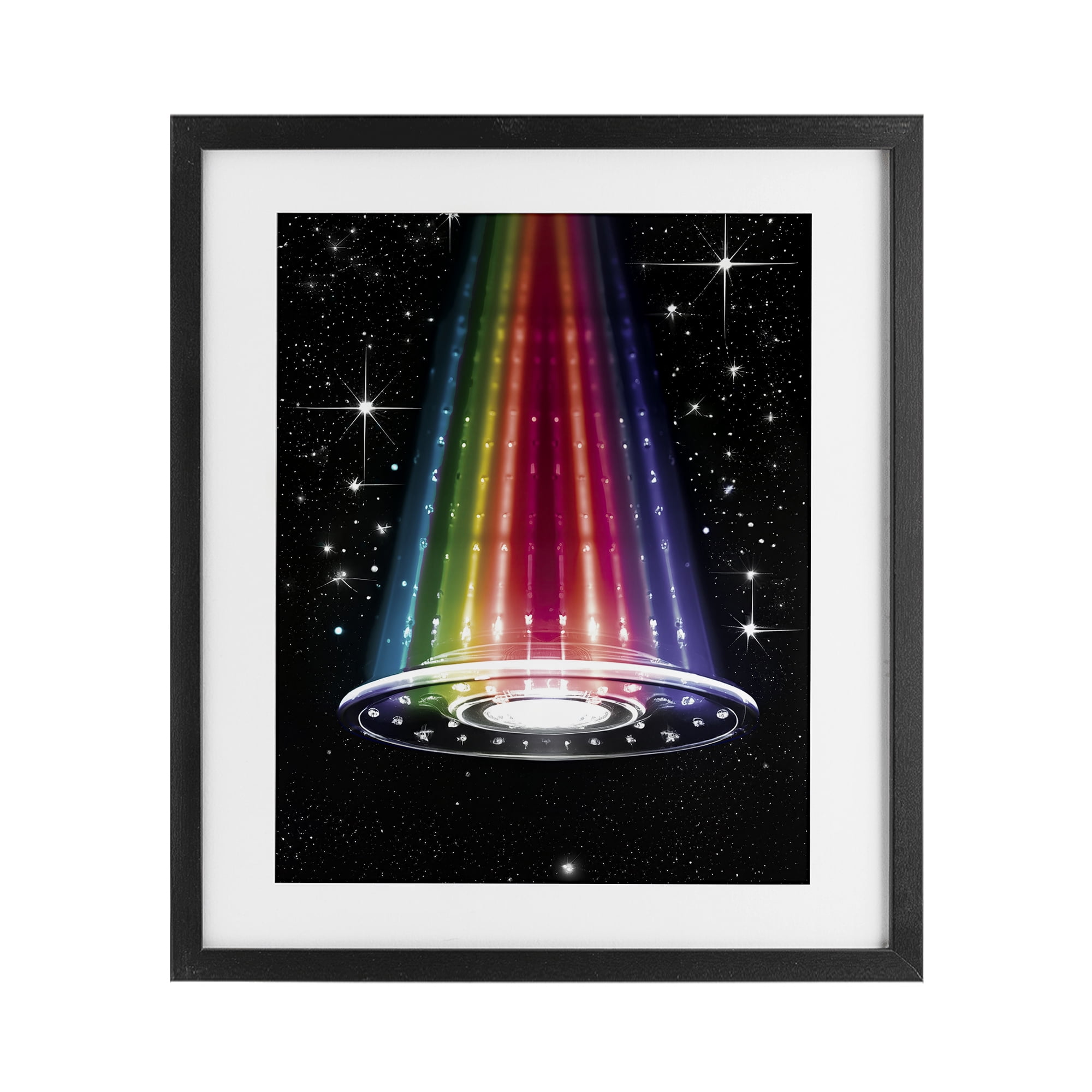 Rainbow Galaxy UFO Black Framed Print Under Glass, design by Sasha