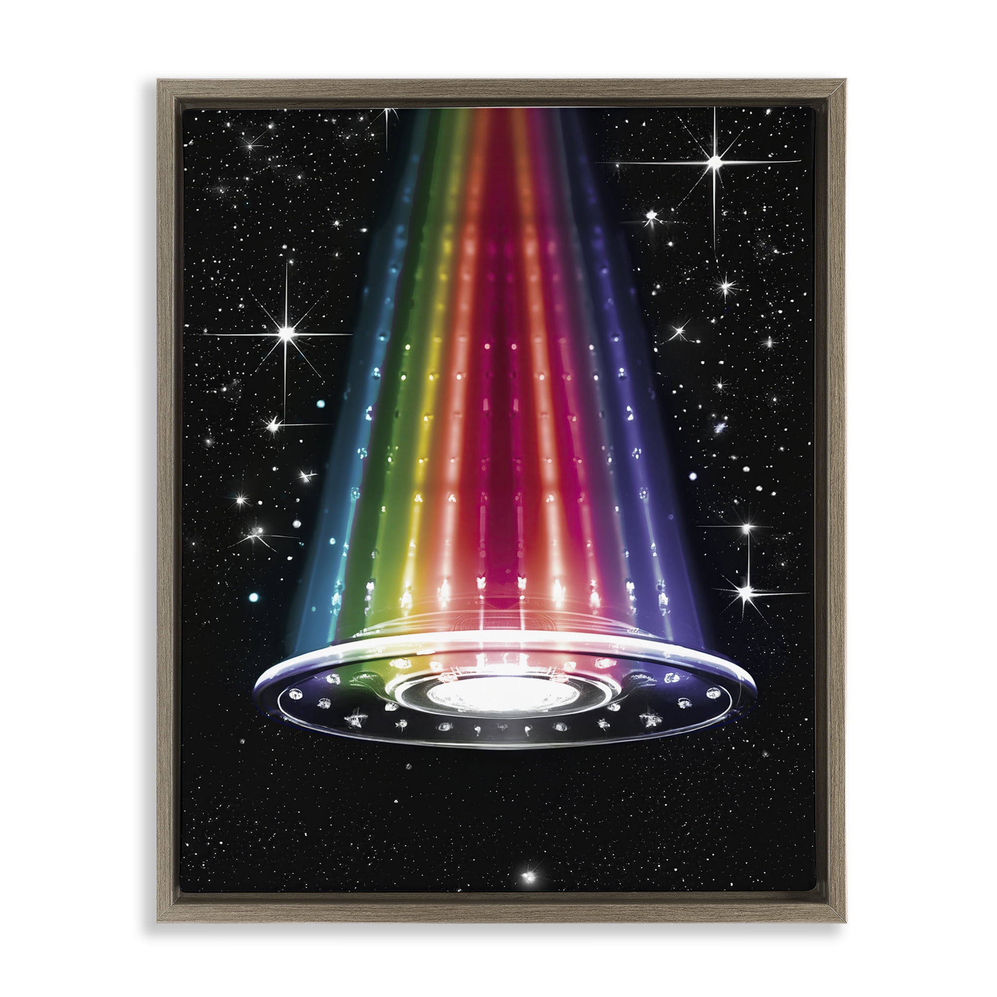 Rainbow Galaxy UFO Brown Framed Floater Canvas Wall Art, design by Sasha