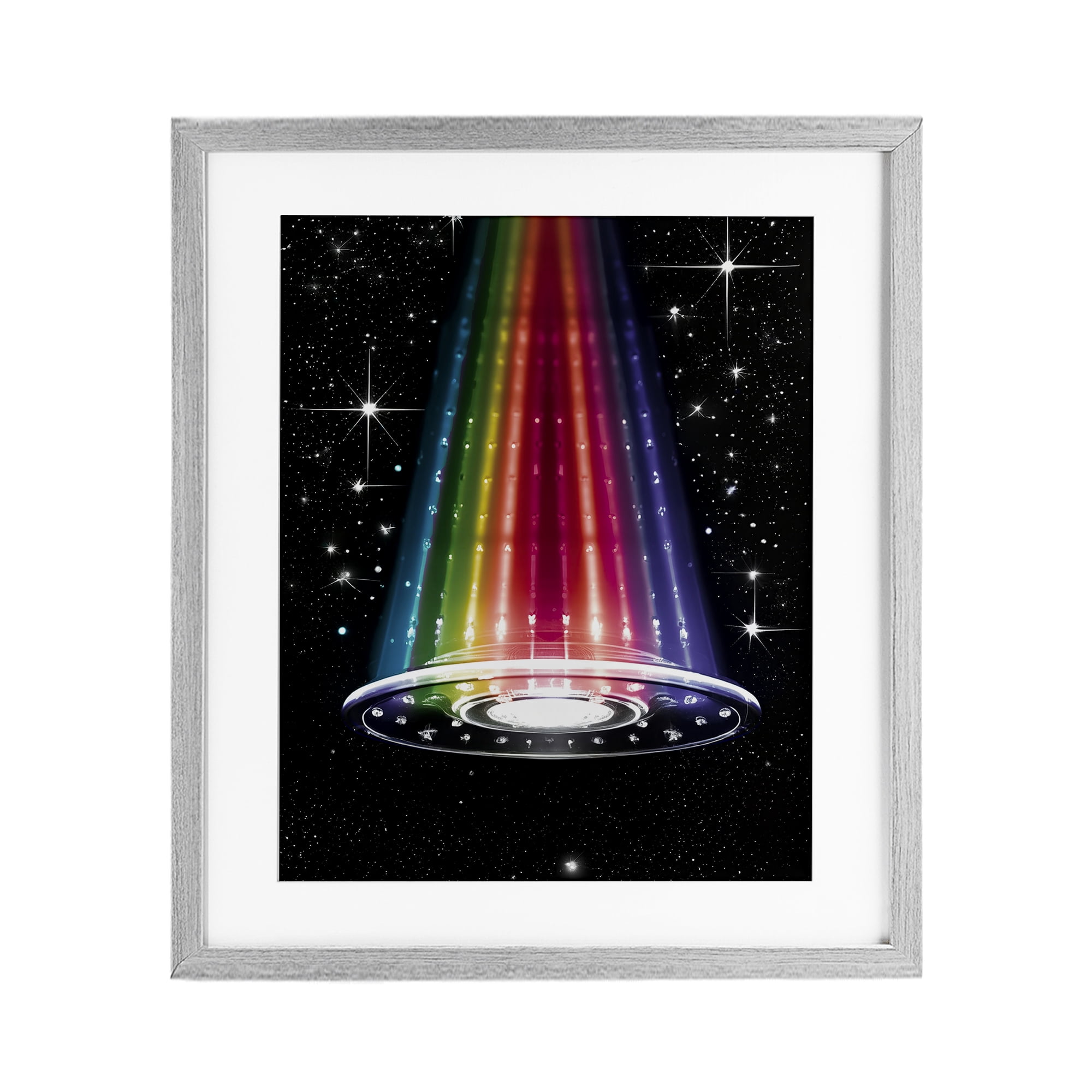 Rainbow Galaxy UFO Gray Framed Print Under Glass, design by Sasha