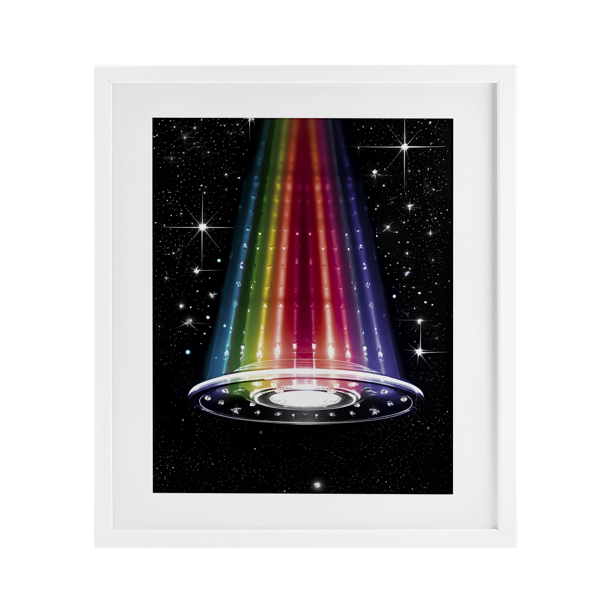 Rainbow Galaxy UFO White Framed Print Under Glass, design by Sasha