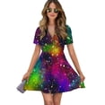 thumbnail image 1 of Rainbow Galaxy Women Dress V-Neck Short Sleeve Flowy Swing Party Midi Dress, 1 of 4