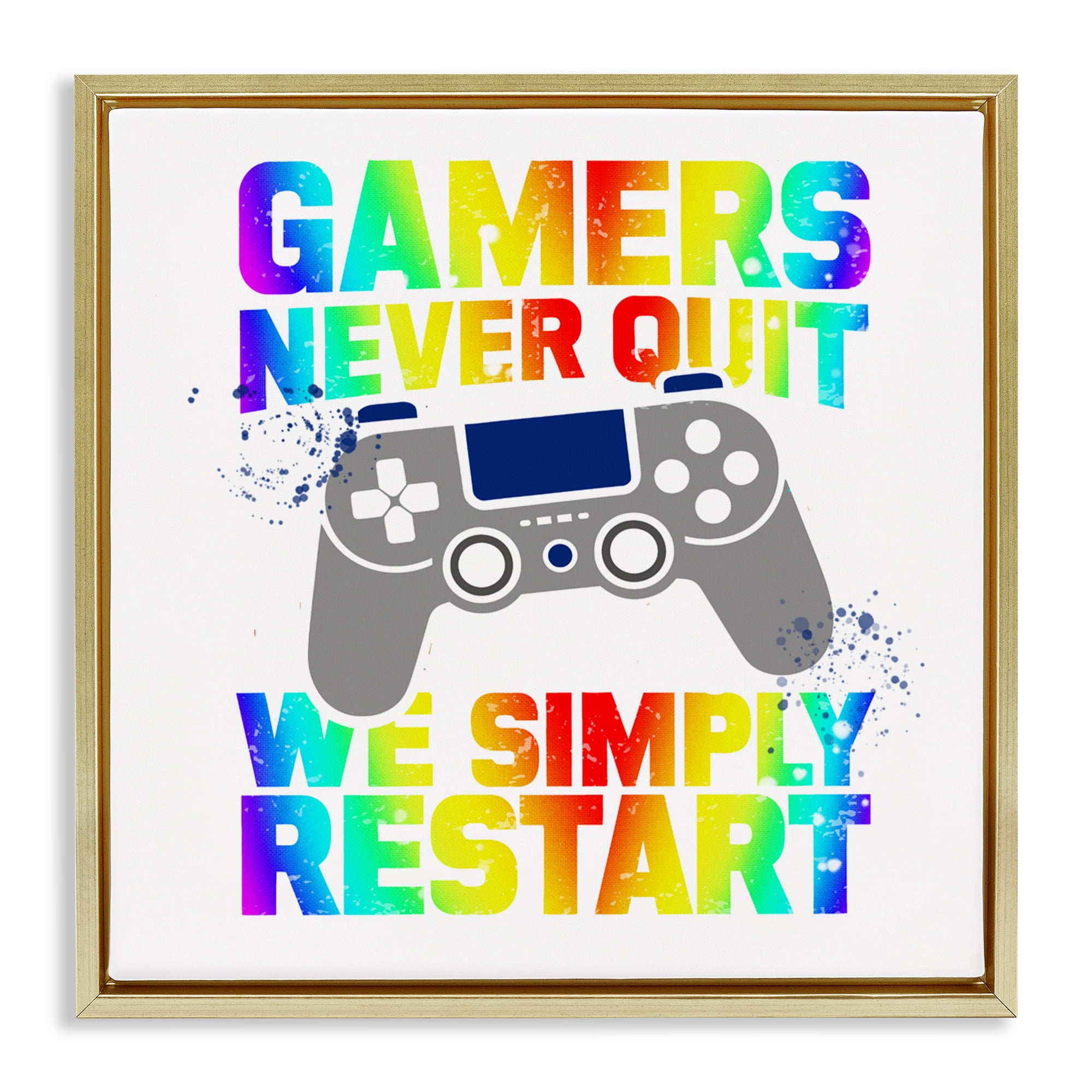 Rainbow Gamers Never Quit Gold Framed Floater Canvas Wall Art, design by Kim Allen