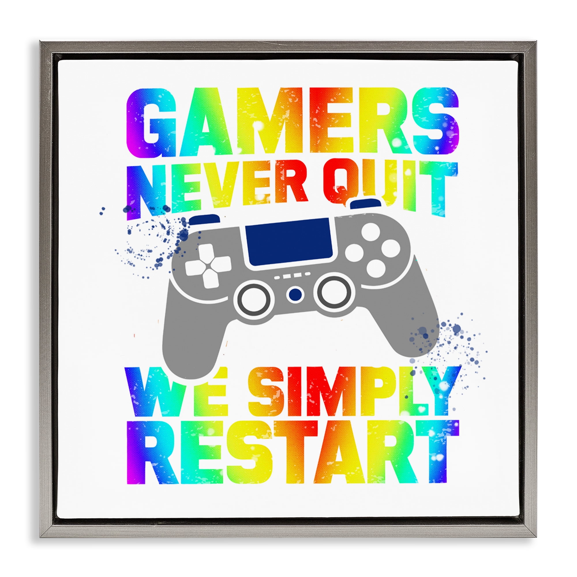 Rainbow Gamers Never Quit Gray Framed Floater Canvas Wall Art, design by Kim Allen