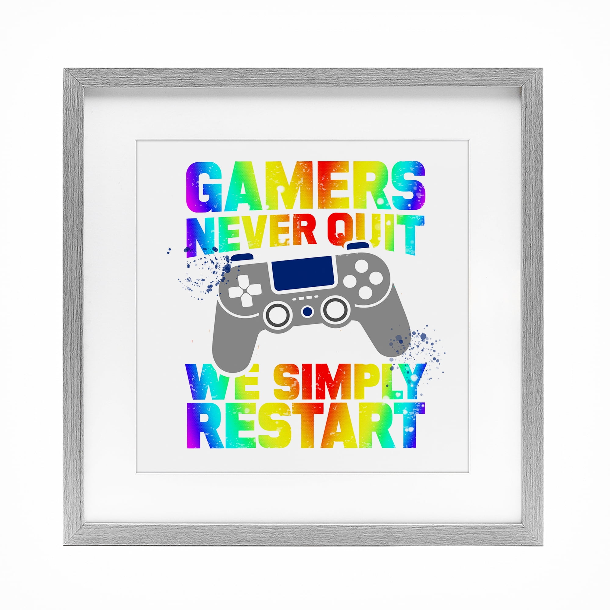 Rainbow Gamers Never Quit Gray Framed Print Under Glass, design by Kim Allen
