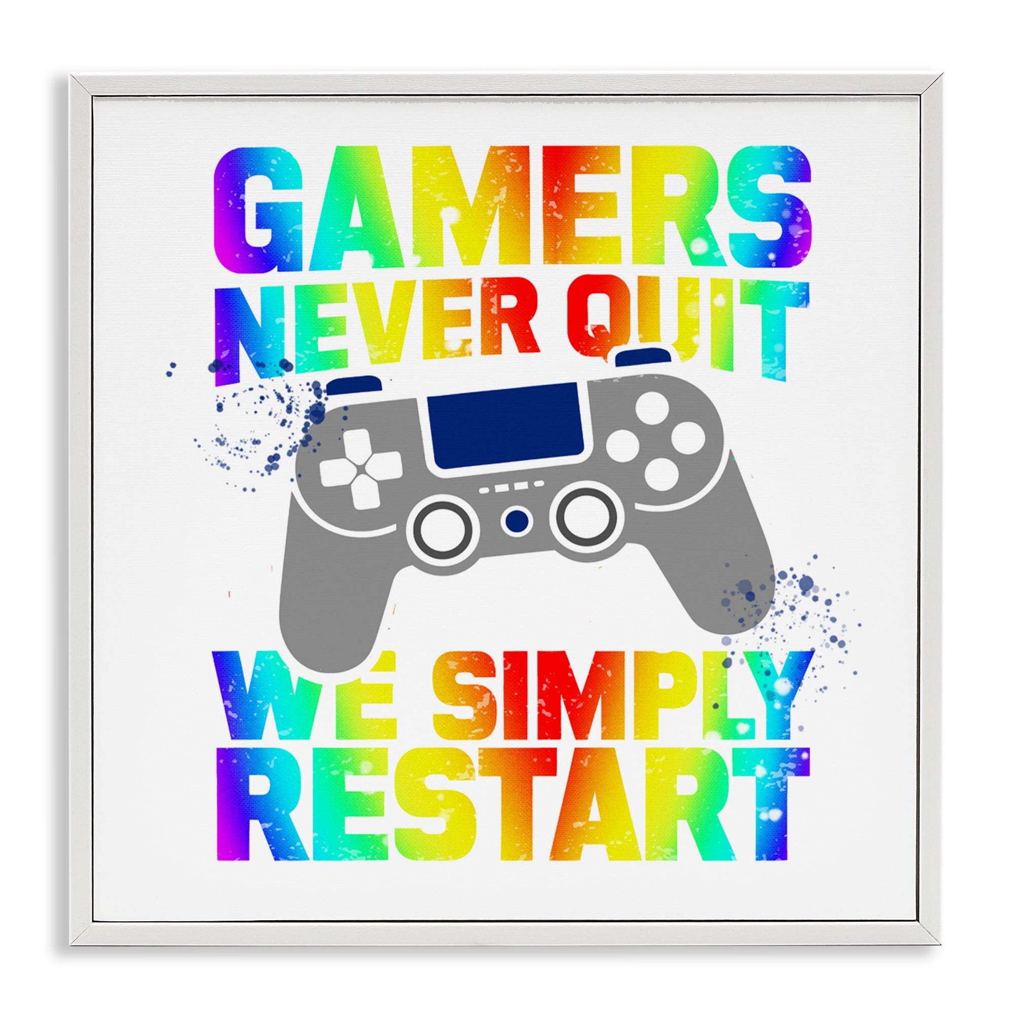 Rainbow Gamers Never Quit White Framed Giclee Art, design by Kim Allen