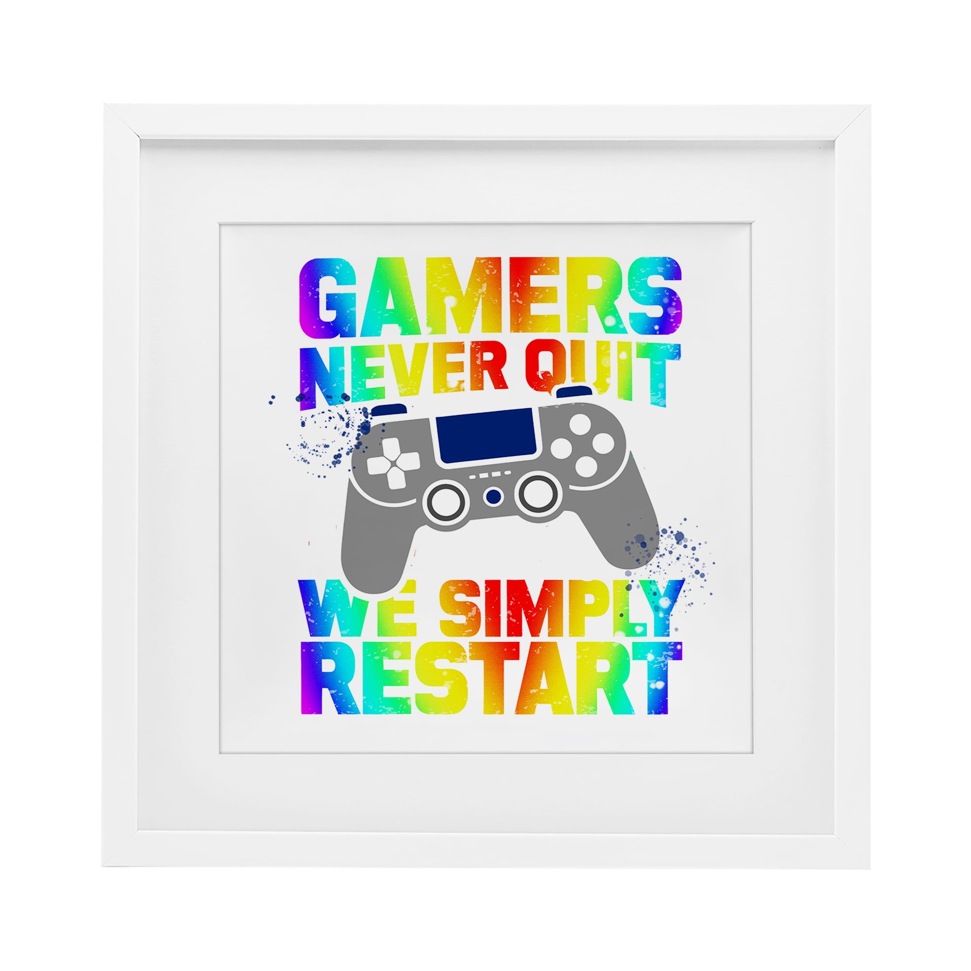 Rainbow Gamers Never Quit White Framed Print Under Glass, design by Kim Allen