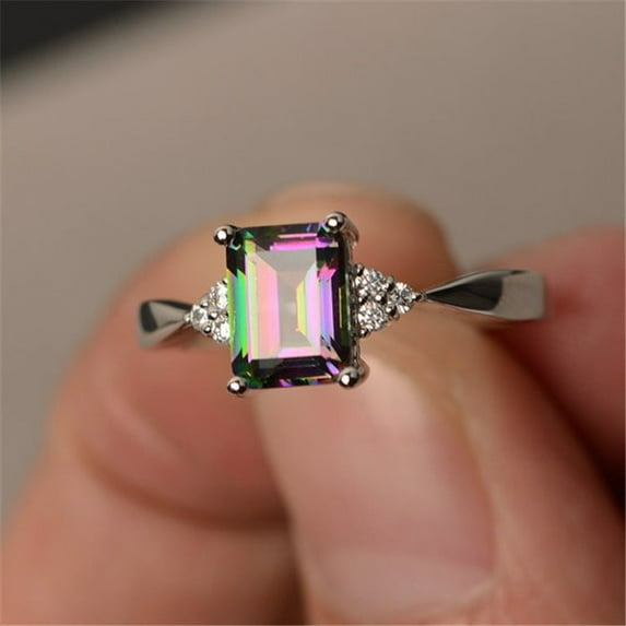 Rainbow Gemstone Ring Inlaid Square Copper Band Jewelry For Women Gift Birthday Fashion Accessory Statement Piece