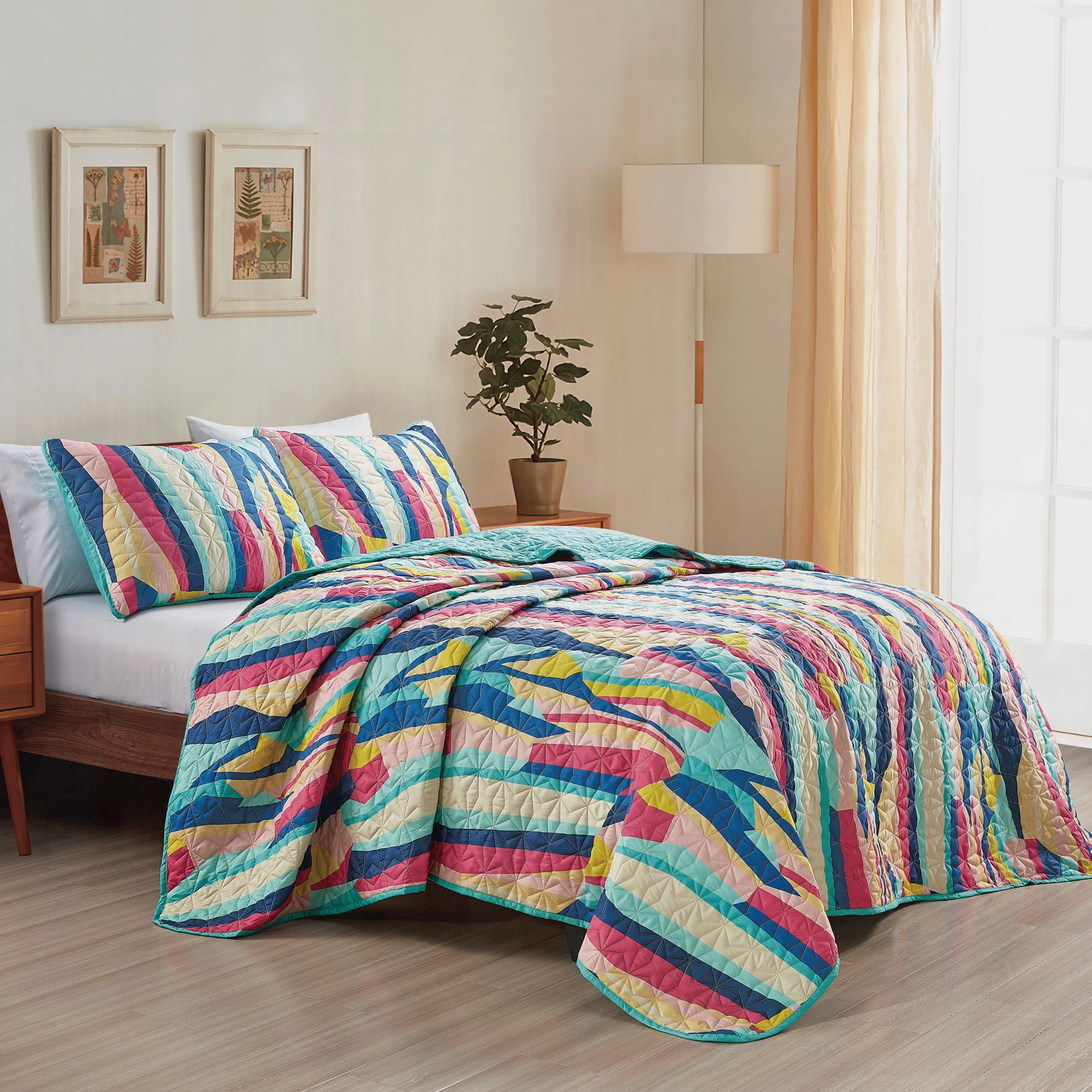 Rainbow Geometric Multi-Color 3 Piece Reversible Bedspread Set,King