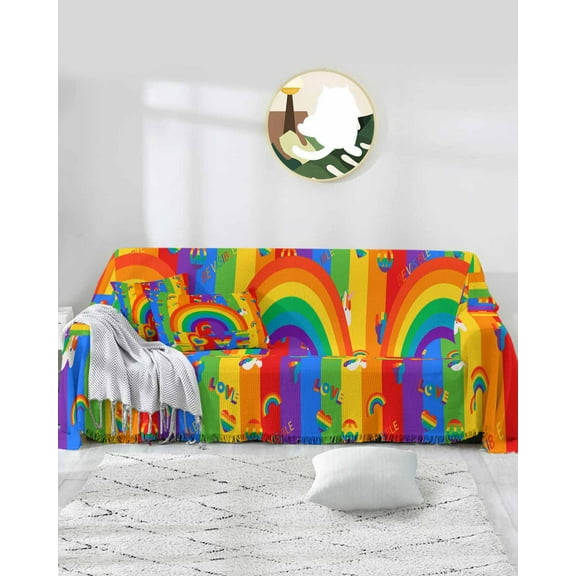 Rainbow Geometric Ombre Stripes Aesthetics Sofa Covers for 3 Cushion Couch,Washable Sectional & L Shape Couch Covers for Dog/Cat/Kid,Non Slip Sofa Slipcover Tassel Futon Cover 71''x150''