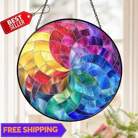 Rainbow Geometric Spiral Suncatcher, Glass-Effect Window Hanging Decor