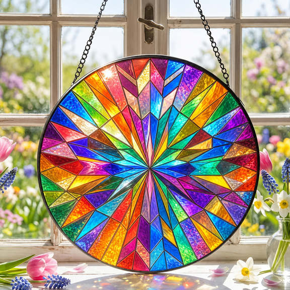 Rainbow Geometric Stained Glass Suncatcher Bright Prism Pride Window Decor