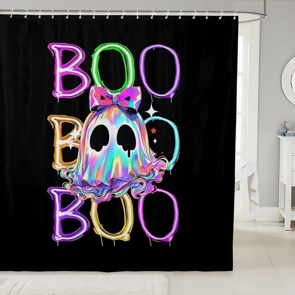 Rainbow Ghost Shower Curtain Set Halloween Bath Curtain 72" Wx72 L, Watercolor Silhouette Cute Room Decor Aesthetic Kawaii Bowknot Bow Bathroom Accessories