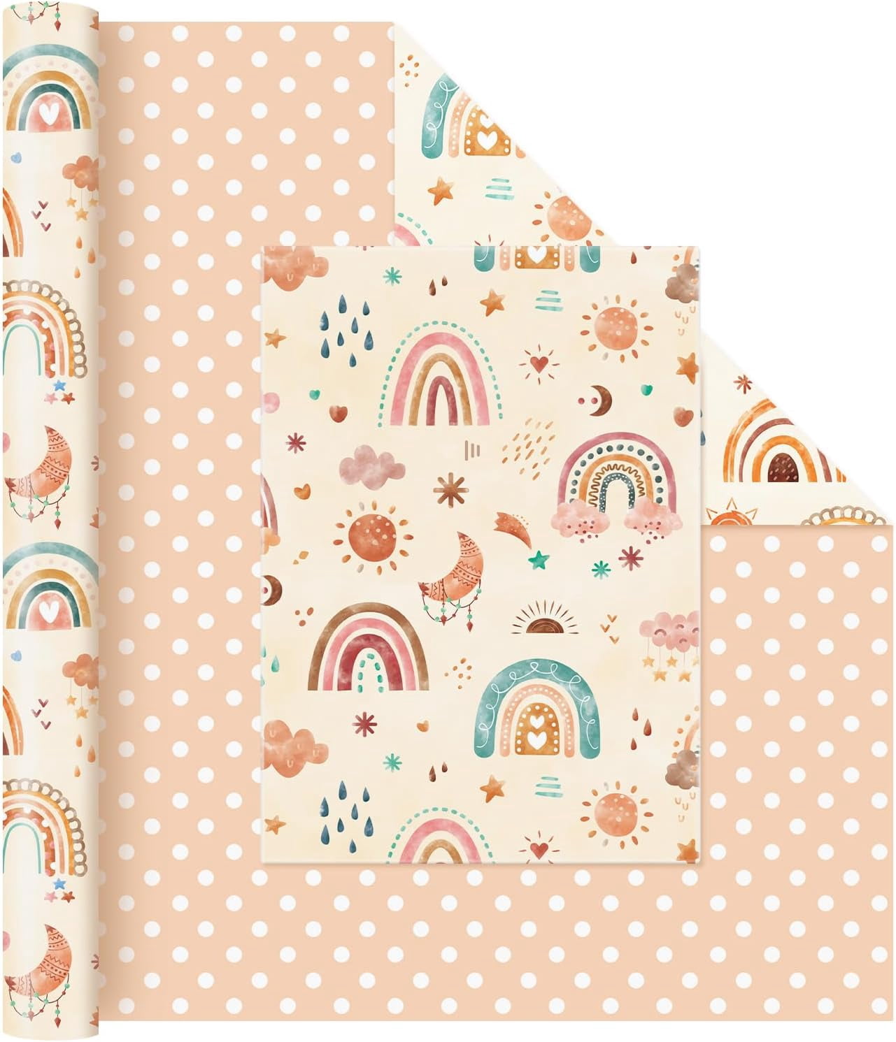 Rainbow Gift Wrapping Paper Roll - 1 Roll 17” x 33 ft  Baby Shower Wrapping Paper New Baby Girl Wrapping Paper for Kids Birthday Party Favor Reversible Polka Dot Design