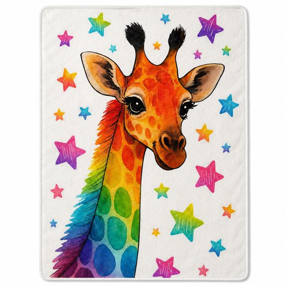 Rainbow Giraffe Sherpa Throw Blanket, Colorful Star Print Polyester Fleece, 4 Sizes