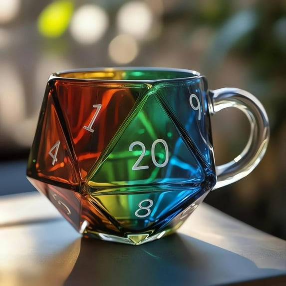 Rainbow Glass D20 Dice Mug, Polyhedral Dice Coffee Cup with Handle, Transparent Glass Game Mug for RPG Lovers, Fantasy Themed Gift for Game Night, Board Games Enthusiasts
