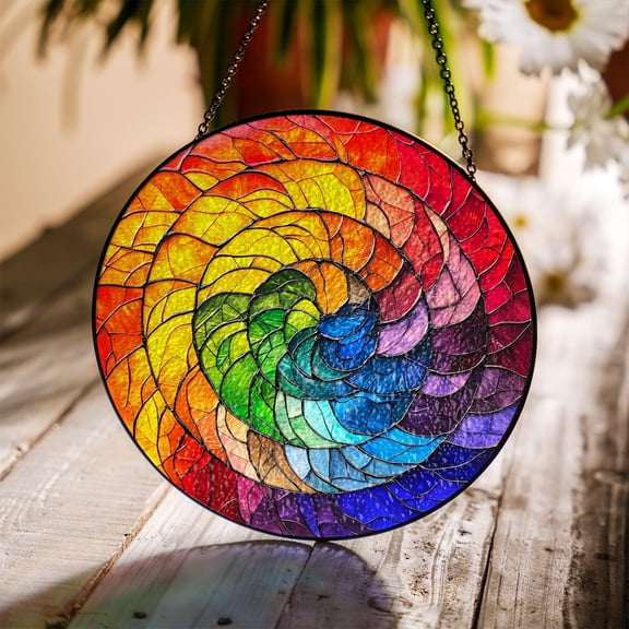 Rainbow Glass Suncatcher, Spiral Mosaic Window Art, 3.5 in