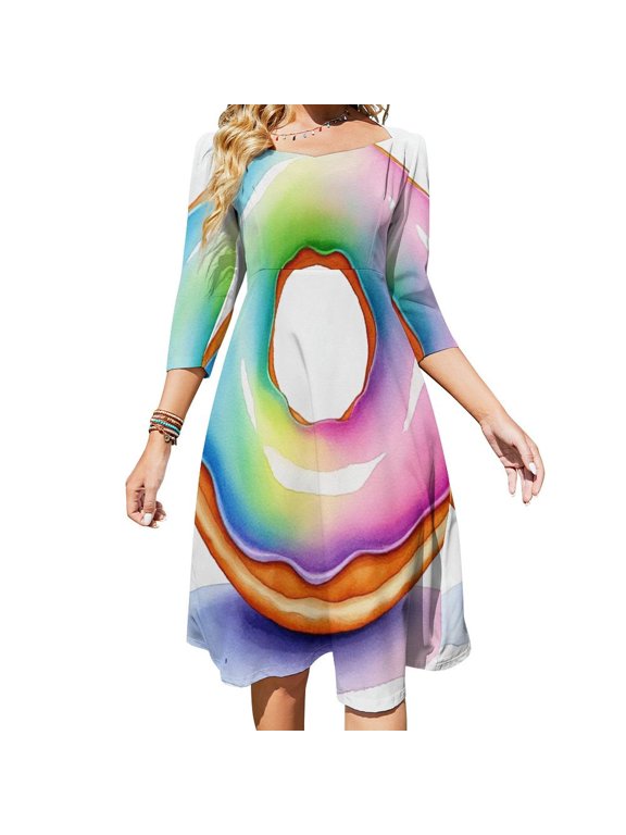 Rainbow Glazed Donut Womens Summer Dress Tie Back A Line Flare Dress