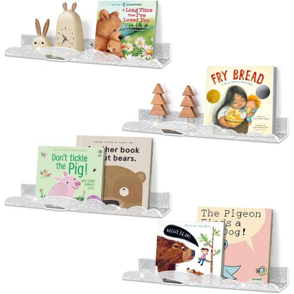 Rainbow Glitter Acrylic Floating Shelves, 15.7" Wall Mounted Nursery Bookshelves, Display Ledge for Books Toys Cosmetic Storage, Bathroom Bedroom Living Room Wall Organizer, 4 Pack, Silver