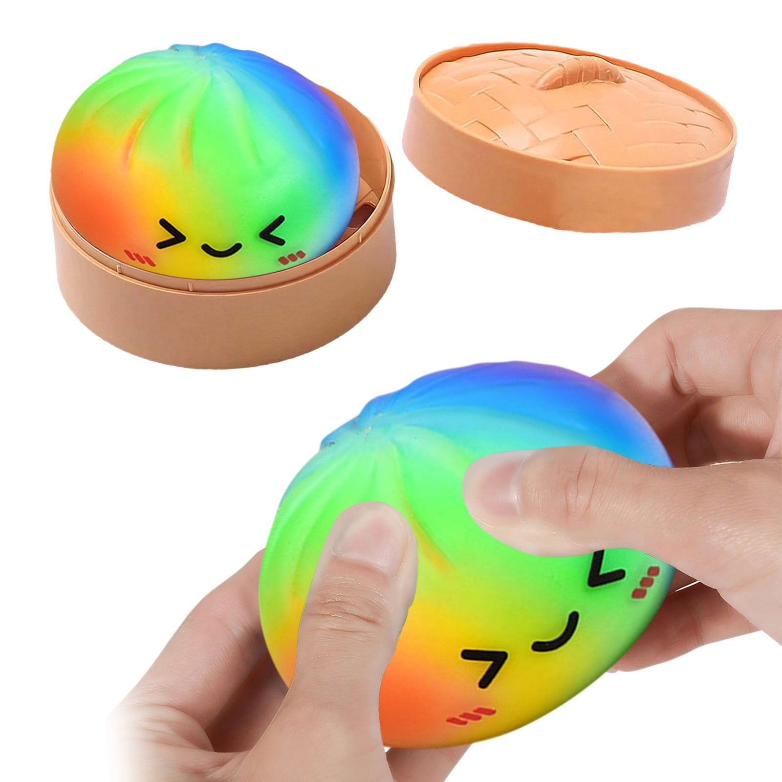 Rainbow Glitter Dumpling Squishy with Decorative Steamer, Mystery Blind Box Bao Bun,Slow-Rising Soft Polymer Stress Relief & Collectible Desktop Accessory for Adults,dumpling stress ball