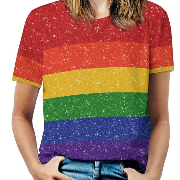 Rainbow Glitter Flag Women's Short Sleeve Tops Casual Blouses T Shirt
