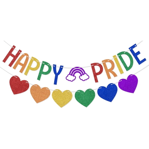 Rainbow Glitter Happy Pride Banner with Rainbow & Heart Cutouts, LGBTQ Pride Month Party Decorations