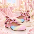 thumbnail image 1 of Rainbow Glitter Mary Jane Dress Shoes for Girls with Rhinestone Bow Size 3, Big Kids Low Block Heel Princess Party Shoes, 1 of 7