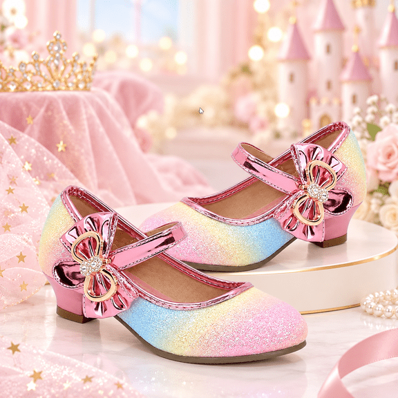 Rainbow Glitter Mary Jane Dress Shoes for Girls with Rhinestone Bow Size 3, Big Kids Low Block Heel Princess Party Shoes