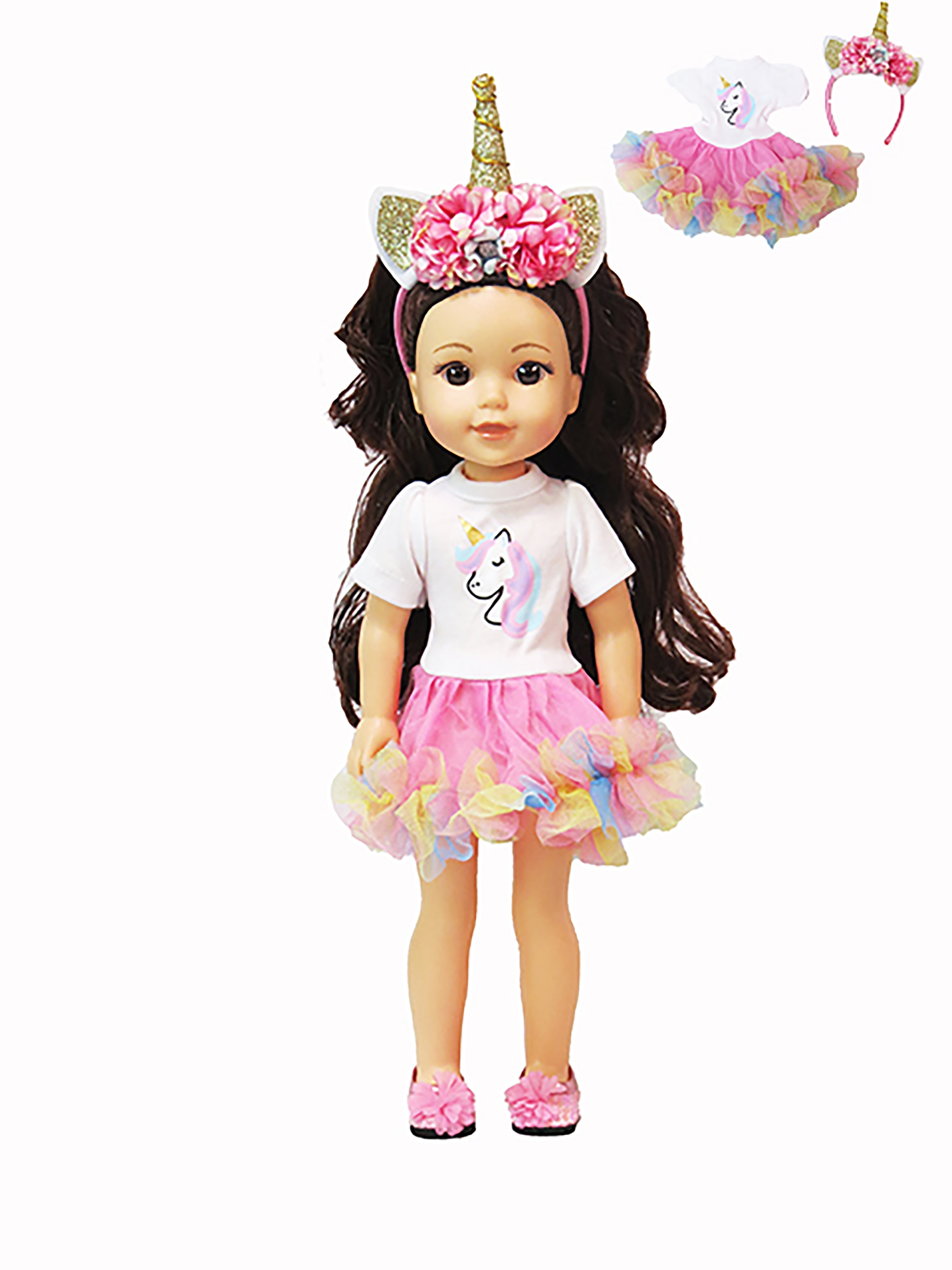 Rainbow Glitter Unicorn Dress & Headband for 14-Inch Dolls | Dolls Clothes