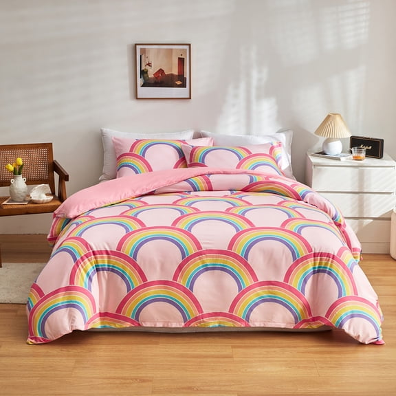 Rainbow Glow in The Dark Duvet Cover Set for Girls Twin Pink Rainbow Bedding Set Super Soft Colorful Stripe Mermaid Scales Comforter Girl Bedroom Pink Decor