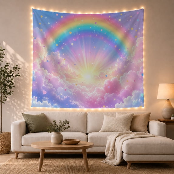 Rainbow Over Glowing Pastel Clouds with Hearts and Sparkles, Dreamy Fantasy for Kids and Teens, Wall Art Decor, Birthday Gift Tapestry Wall Hanging for Bedroom and Dorm
