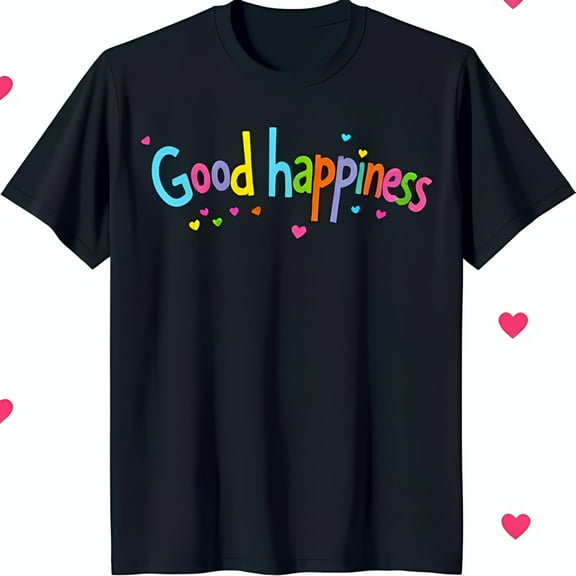 Rainbow 'Good Happiness' Black T-Shirt with Colorful Hearts Design Fun & Cheerful