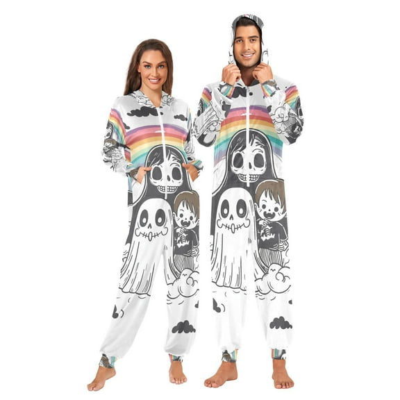 Rainbow Gost Adult Onesie Pajamas Slim Fit Christmas One Piece Suit Pjs for Women and Men Hooded Zipper