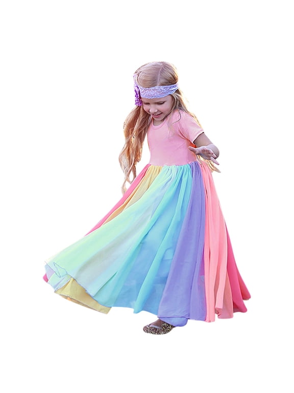 Rainbow Gown Princess Party Dresses Splice Girls Kids Birthday Girls Dress