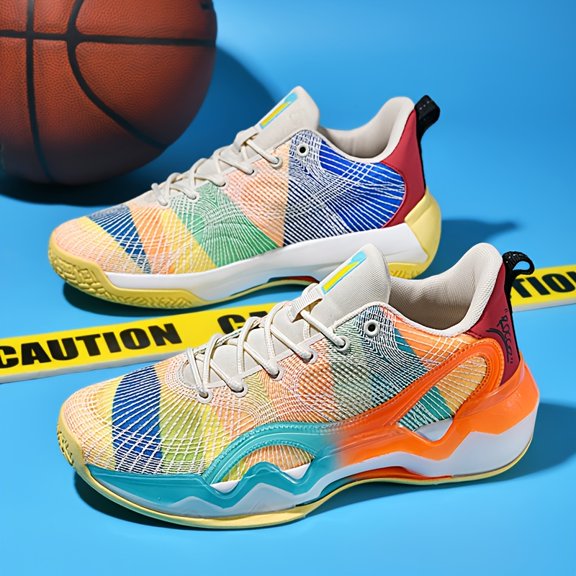 Rainbow Gradient Basketball Shoes for Men, Street Style Performance Shock Absorption Sneakers, Eye-Catching Streetwear Student Sneakers