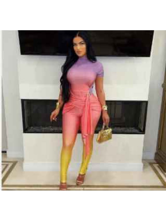 Rainbow Gradient Bodycon Jumpsuit Women's Purple Pink Yellow Ombre Club