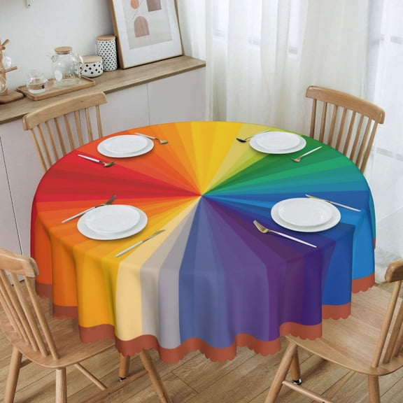 Rainbow Gradient Color Wheel Art, Modern Abstract Radial Spectrum Round Tablecloth Waterproof Oil-Proof Plastic Table Cloth Stain-Resistant Wipeable 60" for Camping, Dining, Indoor and Outdoor